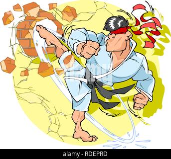 In vector illustration, a karate man kicks a brick wall with a kick. He is dressed with a white kimono. Stock Vector