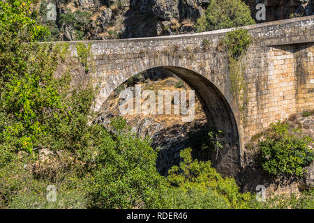 View of old roman bridge over Paiva river, in stone, with vegetation around, in Arouca, Portugal Stock Photo