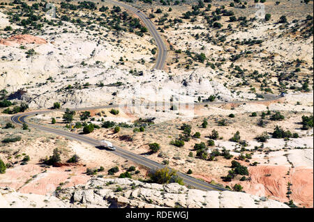 Scenic Byway 12 going through spectacular desertic landscape, seen from the Head of the Rocks Overlook near Escalante, Utah, USA. Stock Photo