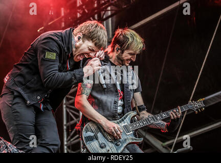 Austria, Nickelsdorf - June 14, 2018. The American hard rock band Shinedown performs a live concert during the Austrian music festival Nova Rock Festival 2018. Here vocalist Brent Smith is seen live on stage. (Photo credit: Gonzales Photo - Synne Nilsson). Stock Photo