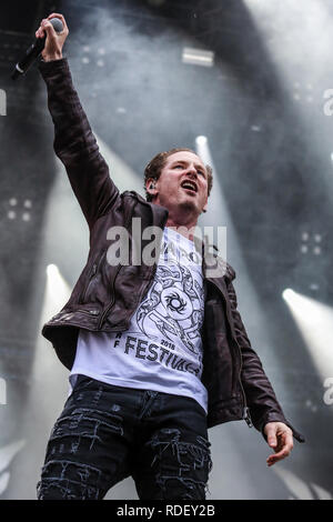 Austria, Nickelsdorf - June 14, 2018. The American hard rock band Stone Sour performs a live concert during the Austrian music festival Nova Rock Festival 2018. Here vocalist Corey Taylor is seen live on stage. (Photo credit: Gonzales Photo - Synne Nilsson). Stock Photo
