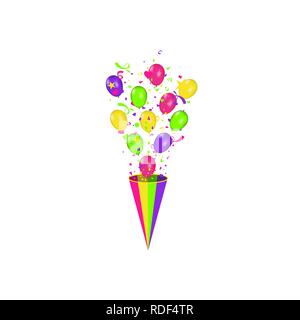 Color composition of vector realistic balloons and Colorful confetti burstisolated on white background. Balloons isolated. For Birthday greeting cards or other designs Stock Vector