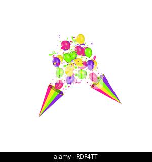 Color composition of vector realistic balloons and Colorful confetti burstisolated on white background. Balloons isolated. For Birthday greeting cards or other designs Stock Vector