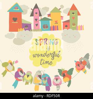 Cute colorful birds and birdhouses in spring Stock Vector