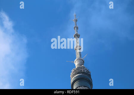 Beautiful winter photo of the Ostankino tower in Moscow against the blue sky Stock Photo