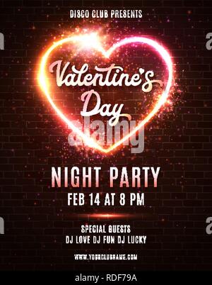 Valentines day party poster template design on dark red brick wall background. Night disco dance party flyer in retro 80s style. Led neon lights heart with hand drawn text. Bright vector illustration. Stock Vector