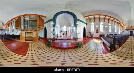 360 degree panoramic view of GRODNO, BELARUS - JUNE 19, 2014: 360 panorama view in interior of Lutheran German church near altar with organ. Full 360 by 180 degrees seamless panor