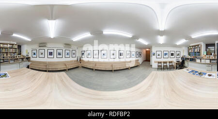 360 degree panoramic view of GRODNO, BELARUS - MARCH 2, 2017: 360 panorama view in interior of art gallery with little planets pictures. Full 360 by 180 degrees seamless panorama