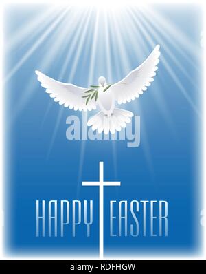Happy Easter. White flying dove with olive branch and cross. Vector illustration. Stock Vector