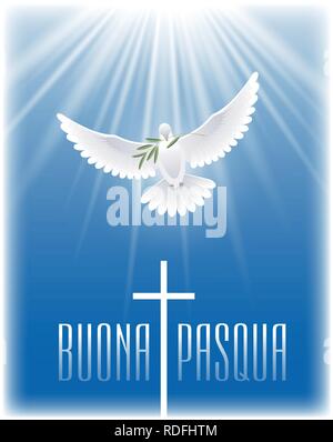 Happy Easter in Italian. White flying dove with olive branch and cross. Vector illustration. Stock Vector