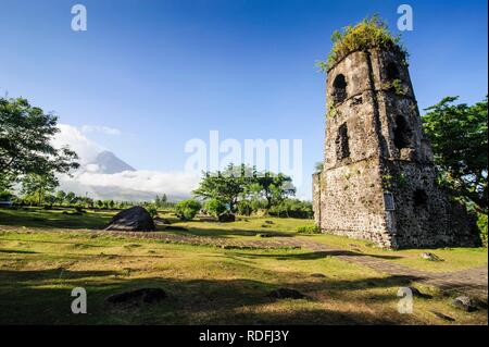 Cagsawa Ruins before volcano Mayon, Legazpi, Southern Luzon, Philippines Stock Photo