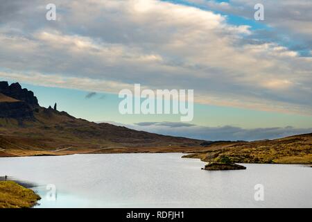 Rock Old Man of Storr with Loch Leathan in the foreground, Portree, Isle of Sky, Scotland, Great Britain Stock Photo