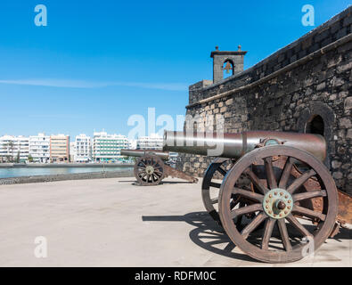 Canons outside San Gabriel castle history museum in Arrecife on Lanzarote, Canary Islands, Spain Stock Photo
