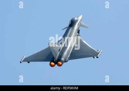RAF Typhoon F2 from 29 Squadron climbing out with afterburner during the 2006 RAF Waddington air show. Stock Photo