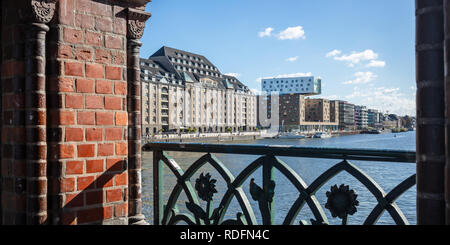 Panoramic view from Oberbaum bridge, Berlin, Germany. Blue sky, sun, ships a perfect destination for holidays. City background. Stock Photo