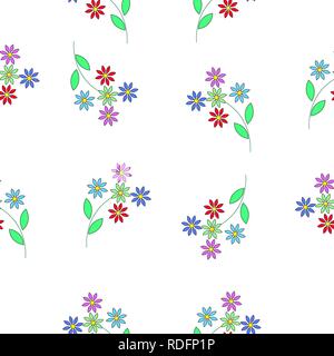 Seamless pattern of red, purple, green and blue flowers on fabric, etc. Stock Vector