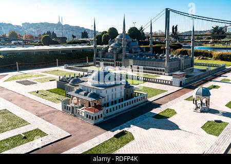 ISTANBUL, TURKEY - DEC 08, 2018 : Model view of important places miniatures in Miniaturk Park which has reproductions of monuments near Golden Horn in Stock Photo