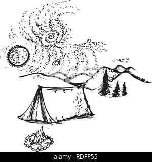 Pattern with camping, space, bonfire. The atmosphere of travel. Stock Vector
