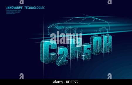 Ethanol formula biofuel car. Ecology science C2H5OH chemistry biotechnology eco concept. Renewable biorefinery organic gas 3D render polygonal innovation technology vector illustration Stock Vector