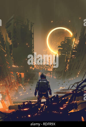 astronaut standing in a burnt city and looking at a yellow glowing ring in the dark sky, digital art style, illustration painting Stock Photo