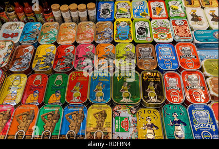 Traditional canned sardines for sale at the Campo de Ourique Market in Lisbon, Portugal Stock Photo