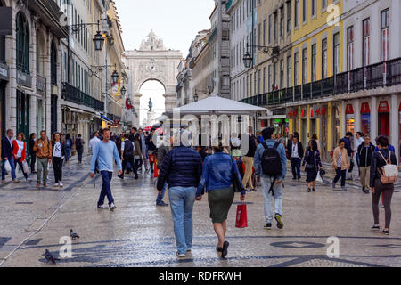 Tourists and shoppers on Rua Augusta street in Lisbon, Portugal Stock Photo