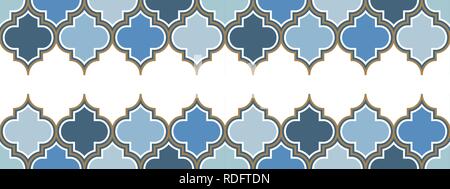 Two vertical vector moroccan repeat seamless border. Light blue, gold beige line on white background. Stock Vector