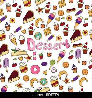 Doodle illustration of desserts and pastries. Hand drawn vector illustration made in cartoon style. Sweets and desserts Stock Vector