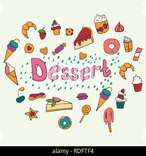 Hand drawn lettering poster with desserts and sweets. Desserts. Vector illustration. Vector concept for dessert menu of the restaurant Stock Vector
