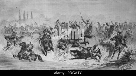 Attack of the 13th Prussian Hussar Regiment on French cuirassiers near Beaumont, Illustrierte Kriegschronik 1870 - 1871, Stock Photo