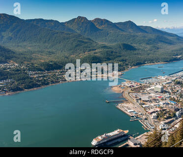 September 14, 2018 - Juneau, Alaska: Aerial Northwest view of downtown Juneau, Douglas Island, Gastineau Channel and cruise ship port from Mt. Roberts Stock Photo