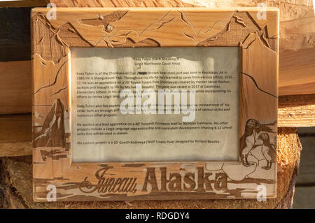 September 14, 2018 - Juneau, Alaska: Biography of local Tlingit artist Kaax Tseen, Herb Sheakley Jr, in outdoor carving shed at Mount Roberts Tramway. Stock Photo