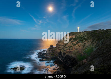 Cape Schanck Lighthouse at full moon. Stock Photo