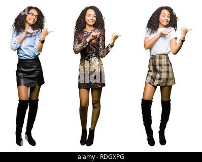 Collage of young woman wearing party looks over isolated white background Pointing to the back behind with hand and thumbs up, smiling confident Stock Photo