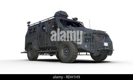 Armored SUV truck, bulletproof police vehicle, law enforcement car isolated on white background, bottom view, 3D rendering Stock Photo