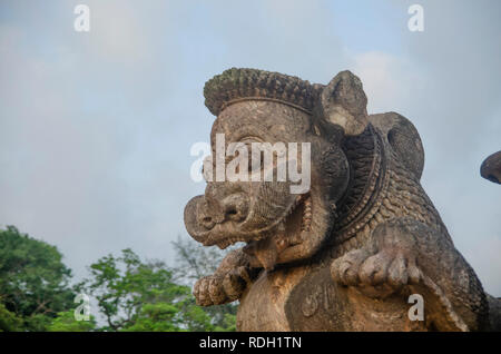 Simha-gaja, Gajasimha  (Lion-Elephant) Sculpture at the entrance of Sun Temple, Konark. The sculpture depicts a Lion Upon an Elephant upon a Man. Stock Photo