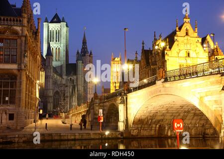 St. Michielsbrug bridge across the Leie River, view of the historic district with Saint Nicholas' Church, Sint-Niklaaskerk Stock Photo