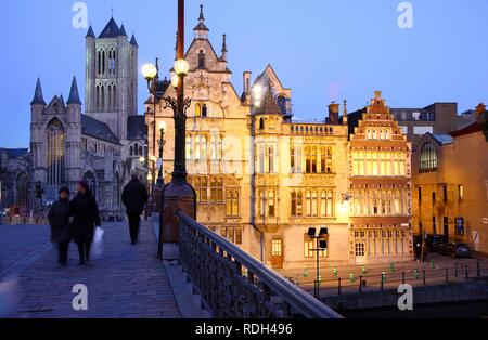 St. Michielsbrug bridge across the Leie River, view of the historic district with Saint Nicholas' Church Stock Photo