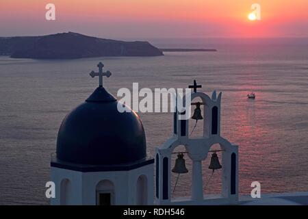 sunset above Theoskepasti Church near Fira, Santorini Island, Cyclades ...