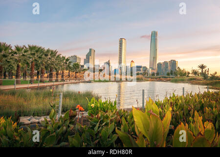 Santiago skyline at Bicentenario Park at sunset - Santiago, Chile Stock Photo