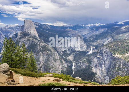 View towards Half Dome and the mist trail waterfalls, Yosemite National Park, California Stock Photo