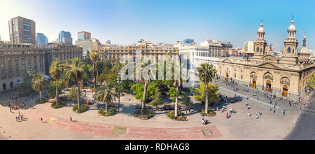Panoramic aerial view of Plaza de Armas Square and Santiago Metropolitan Cathedral -  Santiago, Chile Stock Photo