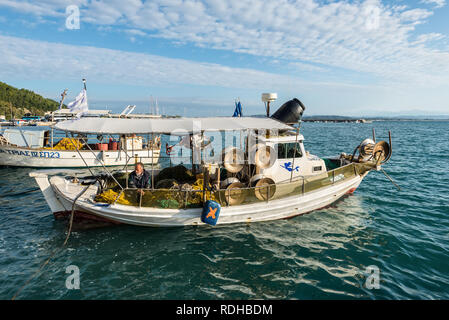 Katakolon, Greece - October 31, 2017: Colorful wooden fishing boats in harbor of the Katakolon (Olimpia), Greece. Stock Photo