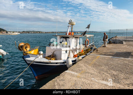 Katakolon, Greece - October 31, 2017: Wooden fishing boats in harbor of the Katakolon (Olimpia), Greece. Stock Photo