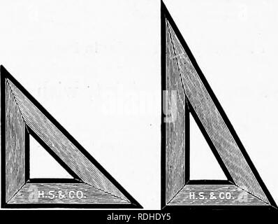 . Elementary woodworking. Woodwork; Trees. 46 ELEMENTARY WOODWORKING needed for circles and arcs of circles. Each triangle con- tains one right angle, the one on the left being known as a thirty-sixty triangle because the two remaining angles are thirty degrees and sixty degrees respectively. The one on the right is called a forty-five-degree triangle because it has two forty-five-degree angles. The position of T square and triangle when drawing vertical lines is that shown in the sketch, the line being drawn from the T square upward. Horizontal lines are drawn from left to right. The rule use Stock Photo