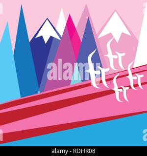 Vector landscape picture with mountains and seagulls on a pink background. An example for the design of business cards, posters and postcards. Stock Vector