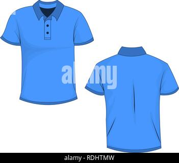 Front and back view of blue polo (t-shirt). Isolated on white background. Template and mockup of polo for print. Vector illustration, EPS10. Stock Vector