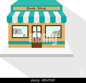 Bookstore icon with long flat shadow on white background. Book shop facade, commercial building. Vector illustration, EPS10. Stock Vector