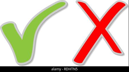 Check mark stickers, Green Tick and red cross signs. Buttons for apply, accept, yes and exit, remove, no, clear actions. Vector illustration, EPS10. Stock Vector