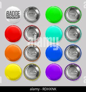 Badge Mockup Set Vector. Pin Brooch Button Blank. Two Sides. Promotion, Merchandise Item. 3D Realistic Illustration Stock Vector